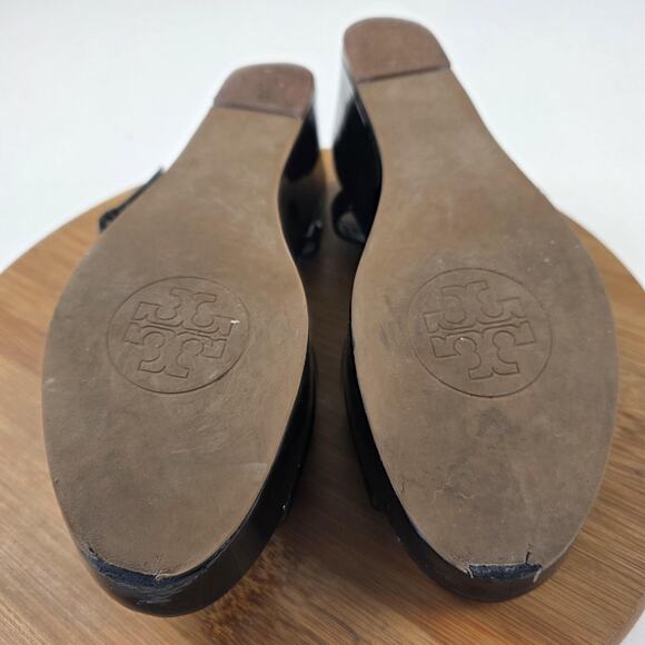 Tory Burch Sandals Womens Size 9 Black Patent Leather Wedge Platform Ankle Strap - Picture 15 of 16